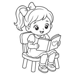 Cute cartoon girl sitting on wooden chair and reading open book with heart shape illustration.