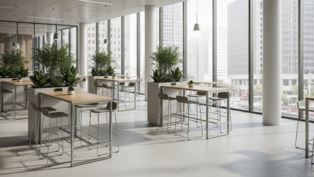 Modern office breakroom with high tables and plants against city skyline view