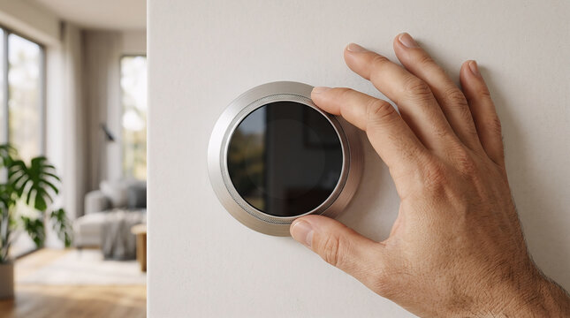 Hand adjusting smart home thermostat on wall in living room with thermostat, temperature