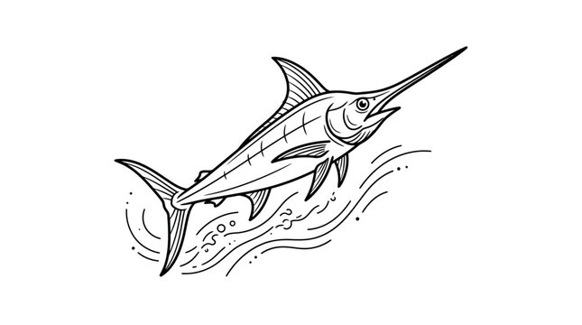 Minimalist Black and White Line Drawing of a Sleek Marlin Fish Leaping Through Water Splash with high quality professional line art symbols for modern creative design and digital branding projects