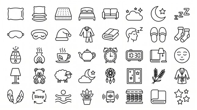 Sleep and bedtime line icons set. Minimalist vector symbols for rest and night routine.