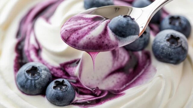 Closeup view of ripe blueberries and creamy vanilla yogurt swirled with purple berry sauce as a spoon lifts a spoonful for breakfast and snack.