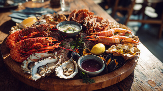 Luxury seafood platter with lobster and fresh oysters, shellfish.