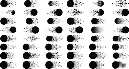Large set of abstract black circles with stippled motion trails and halftone speed effects for design © SreemotiDoya