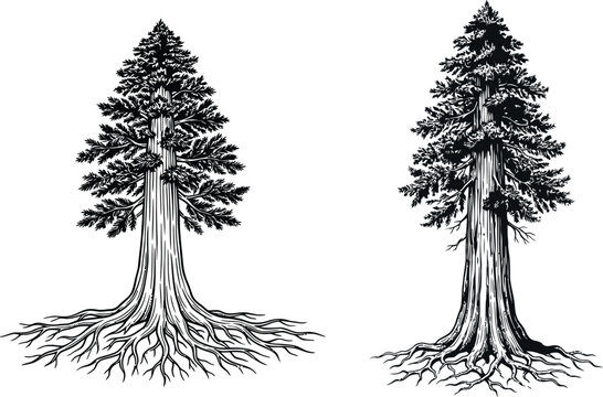 Vintage sequoia tree vector illustrations, hand drawn redwood pine with roots, antique botanical engraving of evergreen forest trees