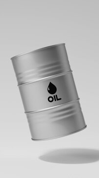 Single silver metal oil barrel rotating on a white background for petroleum industry concept. Vertical video.