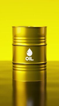 Gold metal oil barrel falling into a pond of crude oil with a dramatic liquid splash. Vertical video.