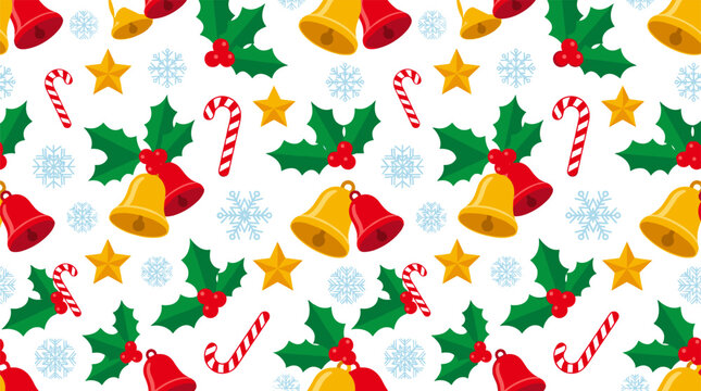 Christmas seamless pattern with jingle bells, holly berry, candy cane, stars, and snowflakes vector illustration