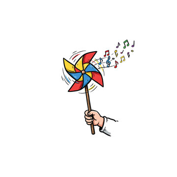Child Hand Holding Spinning Multicolored Pinwheel With Musical Notes Emanating From It Vector Illustration