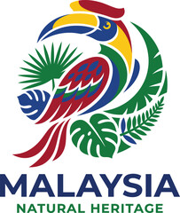 Malaysia natural heritage logo with colorful hornbill and foliage © samiul