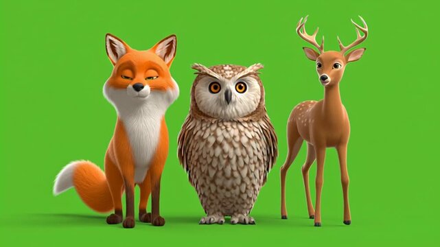 Three animals standing together&mdash;a fox, an owl, and a deer&mdash;facing the camera; a 3D model set against a green background. Suitable for educational videos and animal introductions for children.
