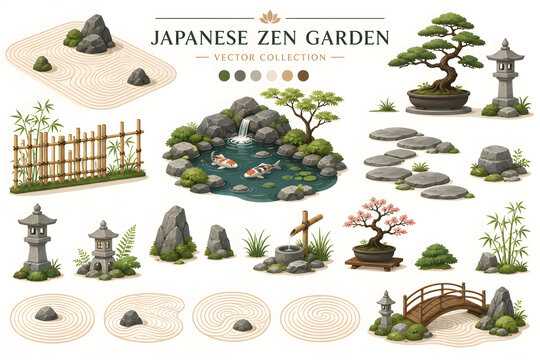 Premium Japanese zen garden vector collection featuring manicured sand patterns, bonsai trees, stone lanterns, bamboo fences, koi pond elements, stepping stones, minimalist landscape compositions, cle
