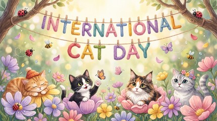 Fototapeta premium Digital illustration of International Cat Day banner featuring kittens in a spring garden with colorful flowers and yarn typography. Ideal for holiday greeting cards, social media posts, and web.