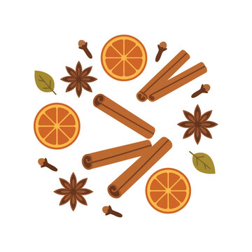 Autumn spices and orange slices pattern. Seasonal ingredients for winter holiday cooking.