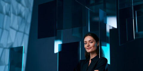 Fototapeta premium corporate portrait of professional woman framed by modern glass geometry, professional businesswoman portrait for modern digital learning service, confident woman in contemporary corporate setting 
