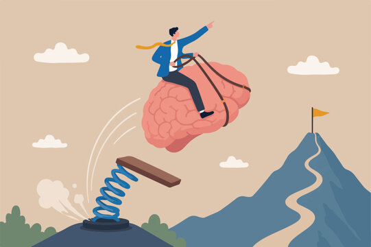 Brain intelligence, resilience or creativity to control thinking process for new idea, smart or wisdom brainstorm, imagination to success concept, businessman riding human brain with springboard