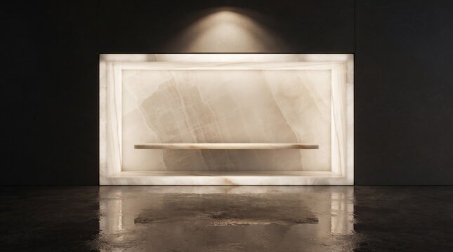 A backlit marble display shelf set against a dark wall background