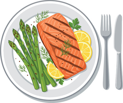 Grilled salmon with lemon and asparagus on a white plate vector illustration