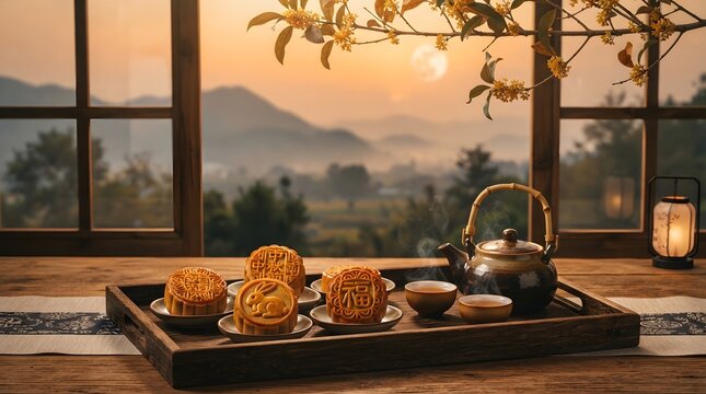 Mid autumn festival in china mooncakes tea and scenic sunset celebration