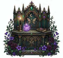 Fototapeta premium Gothic Altar Shrine with Glowing Purple Crystal Candle Grimoire and Dark Roses Isolated on White Background