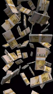 Vertical Uganda Money, Falling Ugandan Shilling Bills Black Background, Premium East Africa Kampala Finance Cash Stacks, 4K