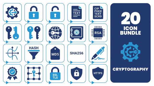 Cryptography icon set with 20 vector security symbols. Digital encryption and cybersecurity UI elements for apps and websites.