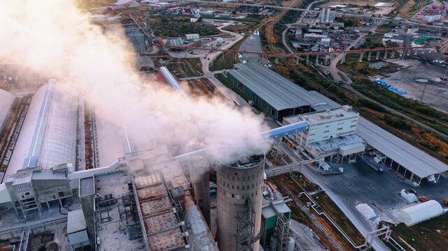 Thick smoke emitting from a factory chimney. An aerial high angle perspective captures a concrete stack releasing a large white plume over the facility roofs.