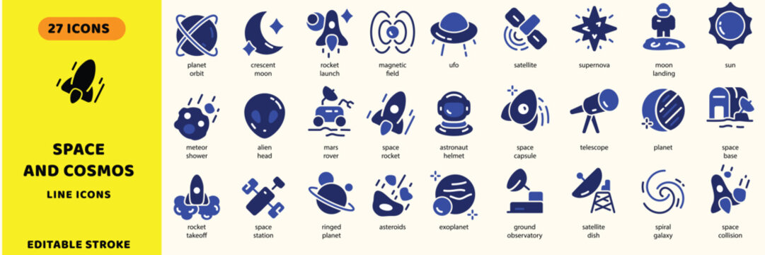 Space and cosmos vector icons. Astronomy galaxy exploration vector signs set. Rocket launch icon. Space rocket icon