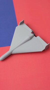 A Shahed drone featuring a prohibition symbol on the taiwanese flag as a conceptual background