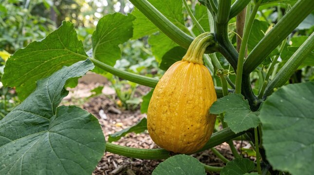 A single golden yellow spaghetti squash growing on the vine in a thriving vegetable garden