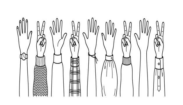 Raised hands outline vector illustration set showing five fingers open palm and peace sign gestures isolated on white