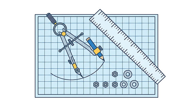 Top Down View of Engineering Tools Including Compass Ruler and Nuts on a Grid Paper Background symbolizing Technical Drawing and Precision