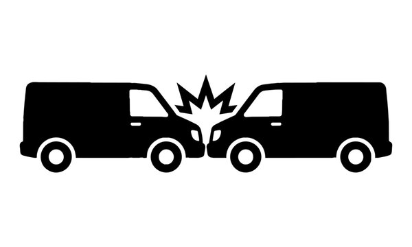 Minimalist black silhouette of two delivery vans colliding head-on with an impact burst graphic isolated on white. Transport insurance concept
