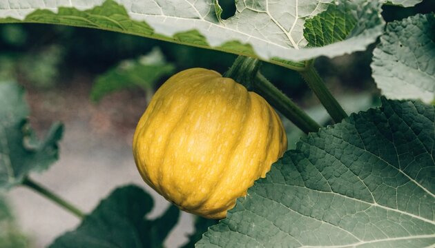 A single golden yellow spaghetti squash growing on the vine in a thriving vegetable garden