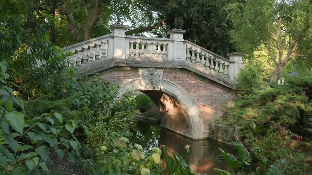 Horizontal Wide View of Historic Stone and Brick Arch Bridge in Parc Monceau