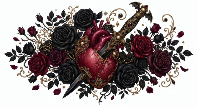 Ornate gothic dagger piercing anatomical heart surrounded by black and dark red roses with gold filigree isolated on white background