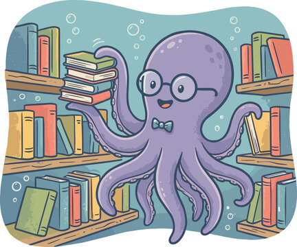 Cute smart purple octopus wearing glasses and bow tie holding books in a library