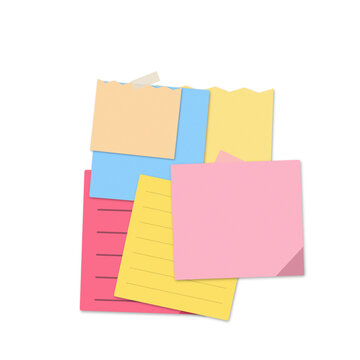 A collection of colorful blank sticky notes layered on top of each other isolated on black background