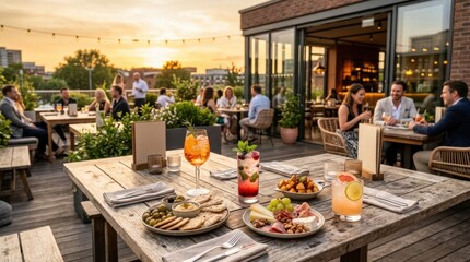 Obraz premium People enjoying drinks and appetizers on a rooftop terrace at sunset