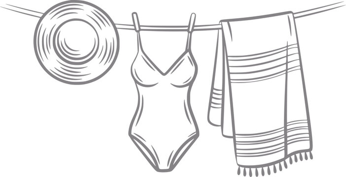 Una l&iacute;nea de un tema de vacaciones de verano con un sombrero de paja, un traje de ba&ntilde;o de una pieza y una toalla de playa a rayas