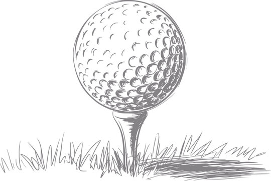 Un dibujo a mano de una pelota de golf descansando en un tee en la hierba, aislado sobre un fondo blanco