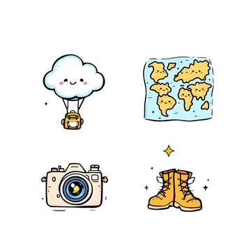 Cute Hand-Drawn Travel Icon Set Featuring A Smiling Cloud Balloon Map Camera And Hiking Boots