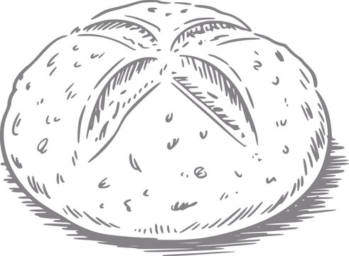 Un dibujo a mano de una hogaza redonda fresca de pan de masa madre crujiente aislada sobre un fondo blanco