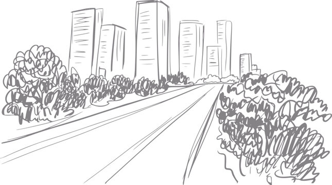 Un dibujo a mano de un horizonte de la ciudad con rascacielos altos y &aacute;rboles verdes exuberantes bordeando una perspectiva de carretera