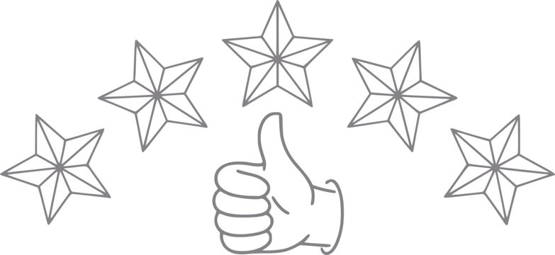 Un gesto de mano mostrando un signo de pulgar arriba rodeado de cinco estrellas representando y comentarios de los clientes