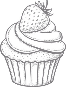 Un dibujo detallado a mano de un delicioso cupcake coronado con una fresa fresca para marca de panader&iacute;a