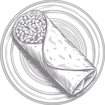 Un dibujo detallado a mano de un delicioso burrito de frijoles servido en un plato redondo, aislado sobre fondo blanco