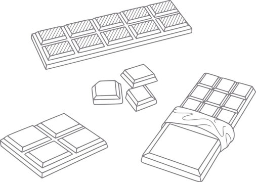 Una colecci&oacute;n de varias tabletas de chocolate y peque&ntilde;as piezas cuadradas ilustradas en un estilo de l&iacute;nea simple en blanco y negro
