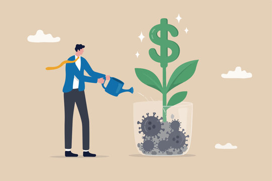 Economic recovery or business and financial market return to normal and growing concept, business owner standing and watering dollar sign plant growing from glass dead Coronavirus COVID-19 pathogen