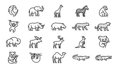 Modern Wild Animal Line Icons Vector Collection for Nature Safari and Zoo Design